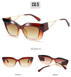Cat eye sunglasses in brown gradient with golden metal arms showing front and side views