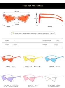 Guide des tailles pour lunettes de soleil sans monture avec strass et options de couleurs