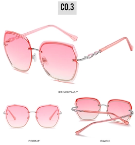 Three-view display of rimless polygon sunglasses with pink gradient lenses and metal frames