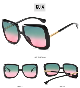 Detailed views of square sunglasses with black frame and teal to pink gradient lenses