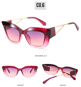 Detailed views of cat-eye sunglasses with red gradient frames and gold metal temples