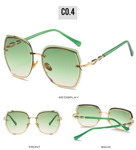 Multi-angle view of rimless green gradient oversized sunglasses with gold chain temples