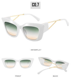 Three-angle view of white cat-eye sunglasses with gradient lenses and gold metal temples