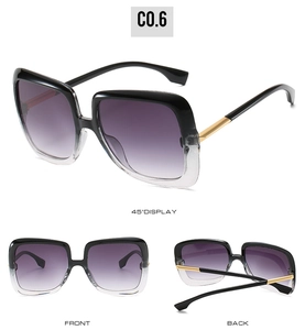 Macro view of square gradient sunglasses showing front, back, and 45-degree angle