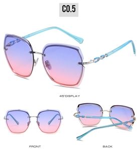 Detail view of rimless gradient sunglasses with blue beaded metal arms and 45-degree angle