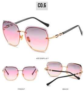 Three-view display of rimless gradient sunglasses with stylish chain metal temple details