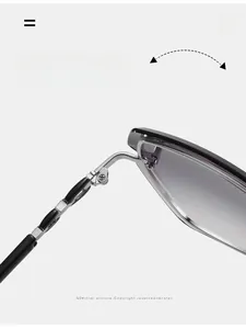 Macro detail of durable metal hinge and purple gradient lens on rimless sunglasses