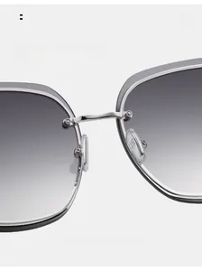 Detailed macro view of adjustable nose pads and silver metal frame on rimless sunglasses