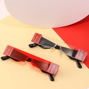 Rectangle wrap-around sunglasses with snakeskin texture side accents and flat top lenses
