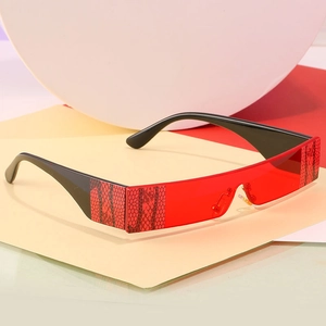 Fashionable rectangle shield sunglasses with red lenses and snake pattern temples
