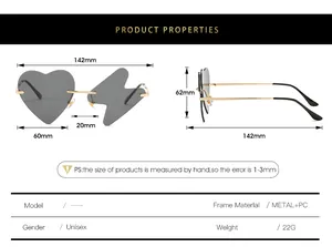 Detailed sizing chart and dimensions for funny heart and lightning bolt shaped sunglasses