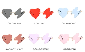 Detailed grid showing six asymmetric heart and lightning bolt creative sunglasses colors