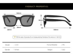 Detailed size chart for square frame sunglasses with 145mm frame width and 150mm leg length