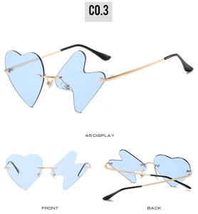 Three-view display of heart and lightning blue rimless sunglasses with gold frames