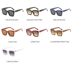 Square sunglasses collection with gold arrow detail in seven assorted frame and lens colors