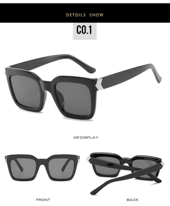 Detailed multi-angle views of black square sunglasses with silver V-shaped metal accents