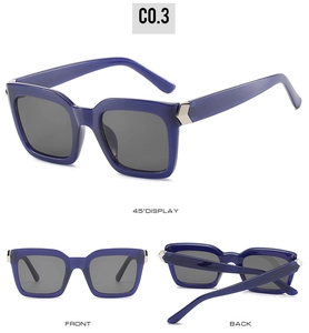 Three-view display of dark blue square sunglasses with silver arrow detail on pure white background