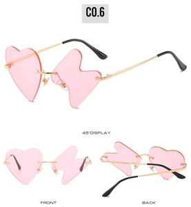 Front and side views of pink heart and lightning bolt shaped rimless sunglasses