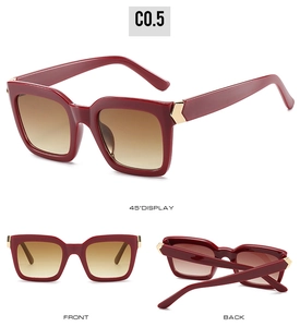 Three-way view of red thick frame sunglasses with gold arrow hinges and brown gradient lenses