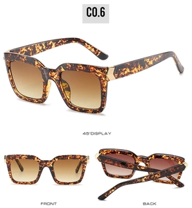 Three angles of tortoise shell square sunglasses with brown lenses and gold metal accents