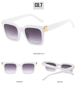 Three views of square white sunglasses with purple gradient lenses and gold metal hinges