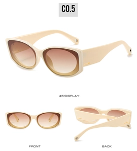 Vue en trois angles de lunettes de soleil œil-de-chat beiges avec verres dégradés