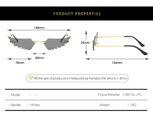 Tableau de taille détaillé pour lunettes de soleil ailes hip-hop avec mesures métal