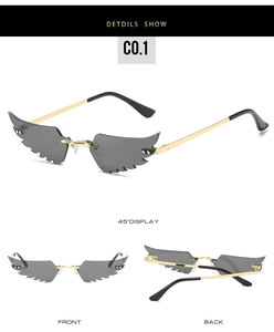 Vue multi-angle de lunettes de soleil sans monture en forme d'aile avec verres gris