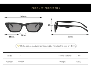 Detailed size chart for cat eye sunglasses showing PC frame dimensions and 25g weight specs