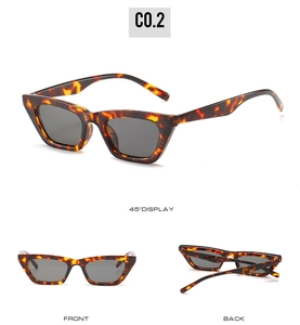 Three-view layout of tortoiseshell cat-eye sunglasses with detailed retro frame angles