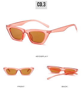 Detailed views of pink jelly cat eye sunglasses from front, back, and 45-degree angles