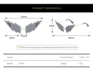 Detailed size chart for lightning bolt rimless sunglasses with metal temples and PC lenses