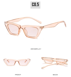Three-angle view of transparent peach pink cat-eye sunglasses with light pink lenses