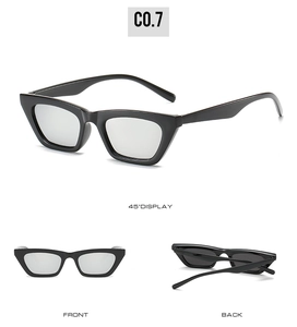 Detail view showing black cat eye sunglasses with silver mirrored lenses from multiple angles