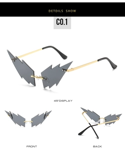 Three-angle views of lightning-shaped sunglasses with black lenses and gold frames