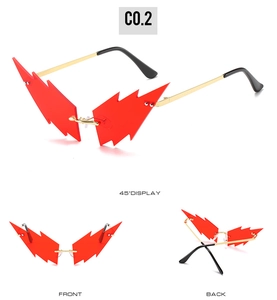 Three-angle display of red lightning sunglasses with gold frames and black temple tips