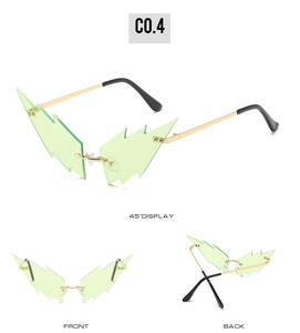 Three-angle view of green lightning-shaped rimless sunglasses with gold metal temples