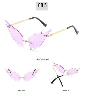 Three-view display of lightning-shaped sunglasses with purple lenses and gold metal temples