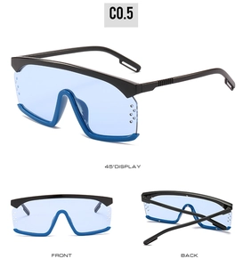 Drei-Wege-Ansicht der futuristischen Übergroße-Schild-Sonnenbrille mit blauen Gläsern