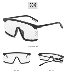 Detailansicht der Vorder- und Rückseite einer großen modischen Oversize-Sonnenbrille mit Belüftung