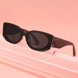 Lunettes de soleil carrées à monture noire épaisse avec verres gris et détails dorés