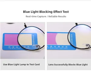 Detailed blue light blocking test showing the lens filtering harmful rays effectively