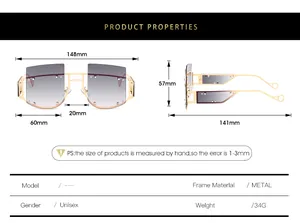 Size chart for square oversized rivet sunglasses showing dimensions and metal frame specs