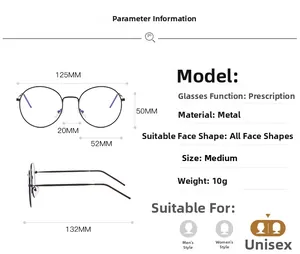 Technical size chart for vintage round metal glasses showing exact frame dimensions