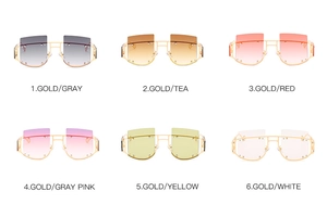 Detailed grid view of oversized geometric sunglasses in six colors with gold rivet accents