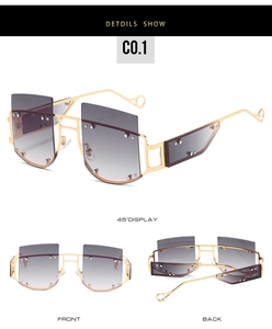 Square oversized rivet sunglasses showing 45-degree, front and back detail views