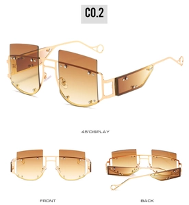 Three-angle view of oversized square sunglasses with metal rivets and gradient brown lenses