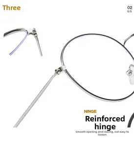 Detail of reinforced metal hinge on round silver glasses frame for smooth opening