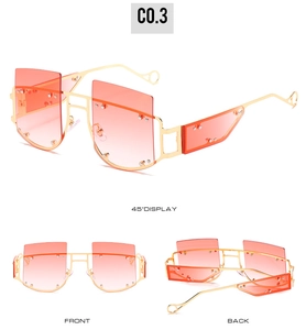 Detailed views of square sunglasses with pink gradient lenses and metal rivet accents