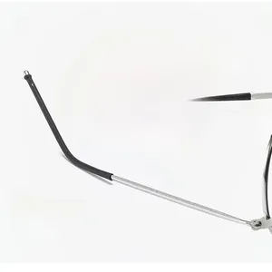 Detailed close-up of slim silver metal temples with black anti-slip tips for round eyewear